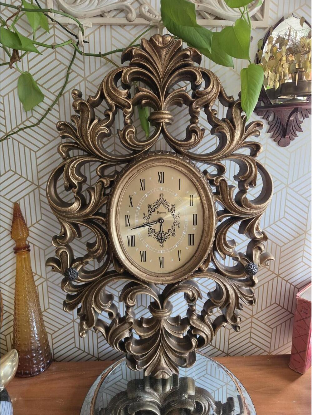 Vintage 1970 Burwood Large Gold Ornate Wall Clock Hollywood Regency 31”x20”